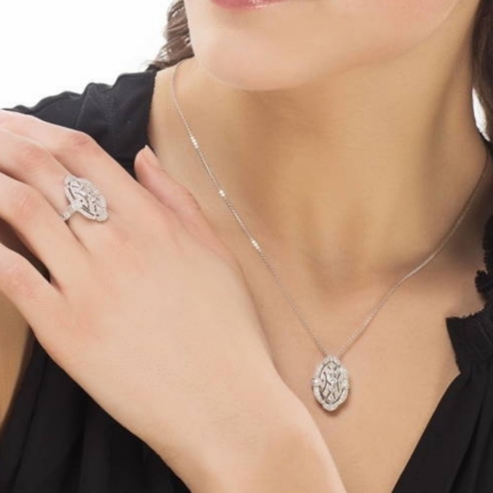 STERLING SILVER CZ ART DECO MILLGRAIN NAVETTE SET - RING AND PENDENT - STUNNING! - Picture 4 of 16